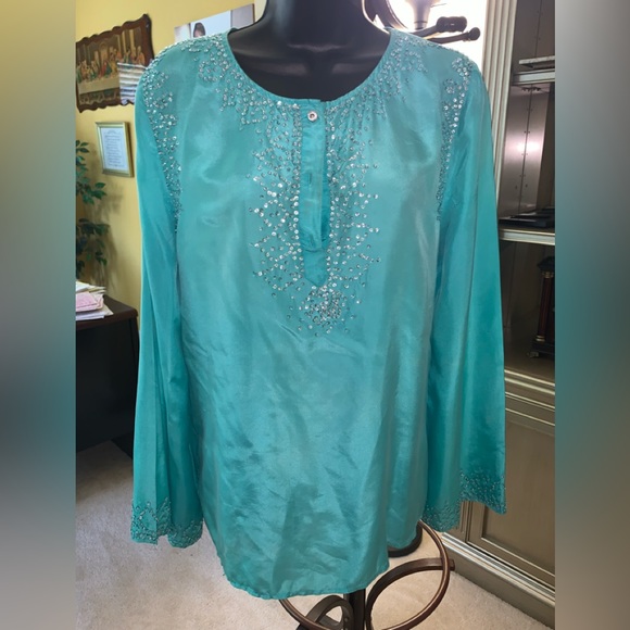 Soft teal beaded tunic size M by John Paul Richard - Picture 1 of 6